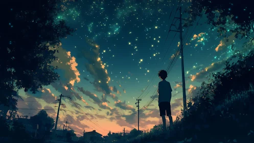 Twilight suburban sky with silhouetted youth and starfield glow.