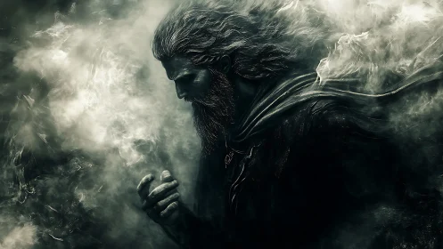 Stormborn wanderer inhales swirling myths from the dark