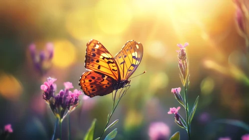 Orange butterfly rests on wildflower in soft backlighting