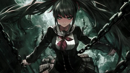 Dark schoolgirl warrior grips chains in storm-torn void.