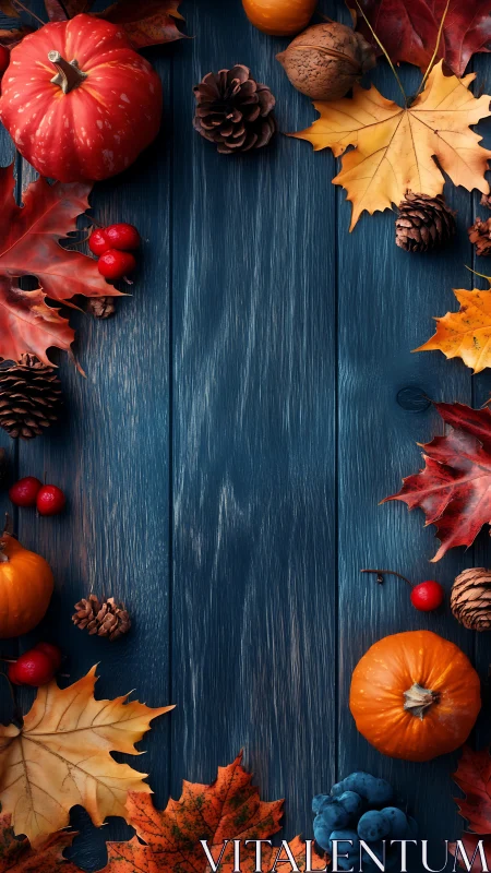 Autumn pumpkins and foliage on blue wooden background.