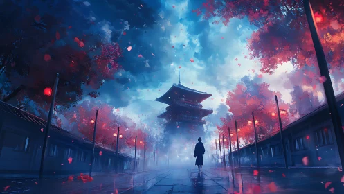 Silhouetted figure walks toward distant pagoda through mist