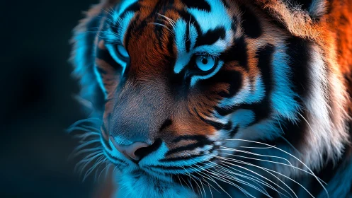 Close tiger portrait in blue and orange contrasting light.