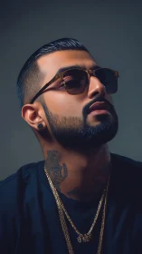 Man with sunglasses and tattoos poses against neutral background