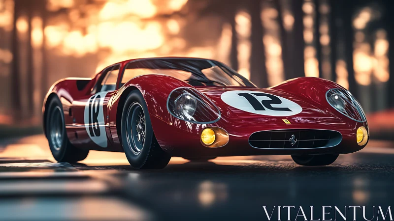 3D render of classic endurance race car at golden hour.