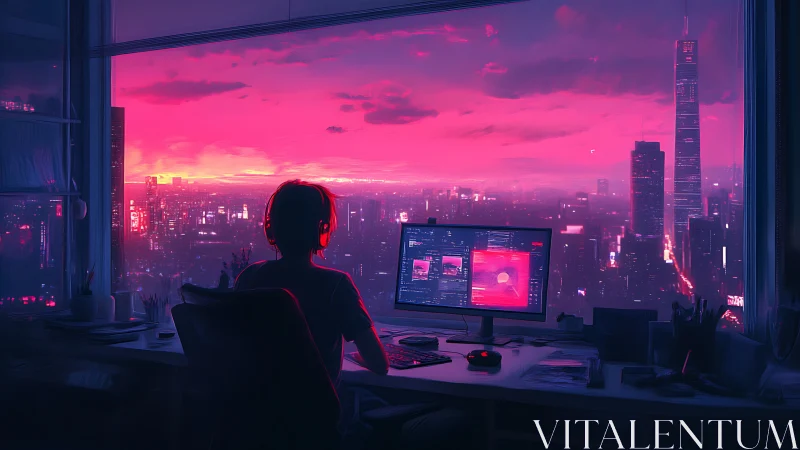 Person uses dual-monitor desktop overlooking neon cityscape at dusk