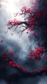 Crimson blossoms cut through misty cliffside void. Period.