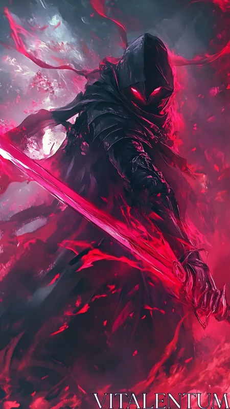 Hooded spectral warrior channels crimson energy through blade