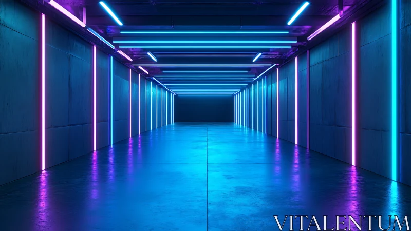 Neon lit corridor shows long symmetrical tunnel perspective