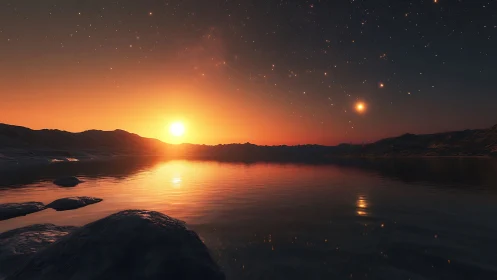 Alien sunset over tranquil water evokes distant serenity