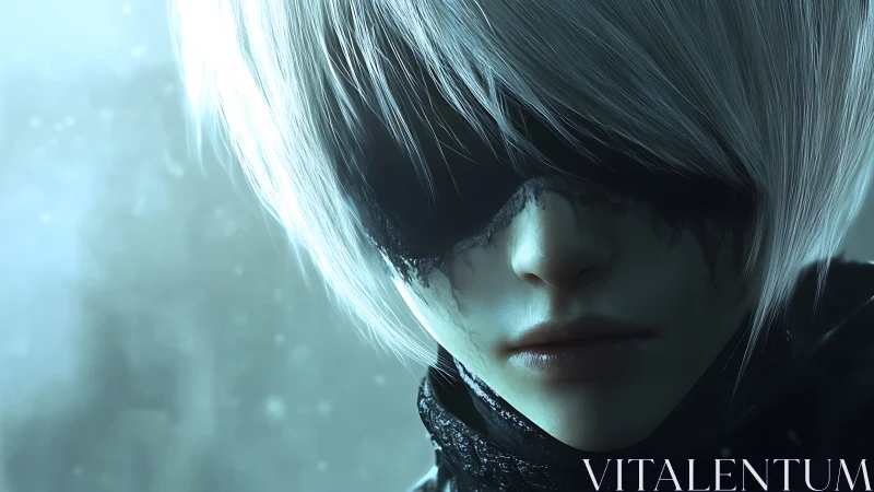 Cybernetic visage in frostlit close-up portrait study.