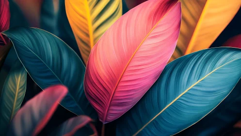 Colorful tropical leaves with bold pink and teal tones.