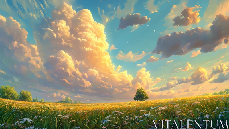 Luminous cloudscape above wildflower meadow, digital painting.