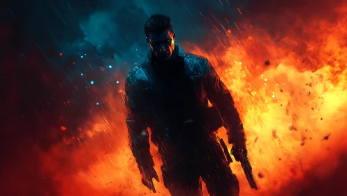 Solitary armed operative strides through explosive firestorm.