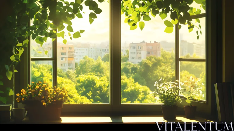Sunny apartment window overlooking green city trees.