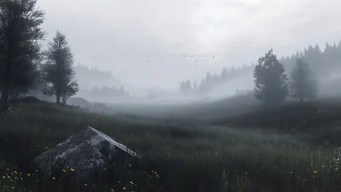 Mist-laden conifer valley at dawn with overcast sky gradients