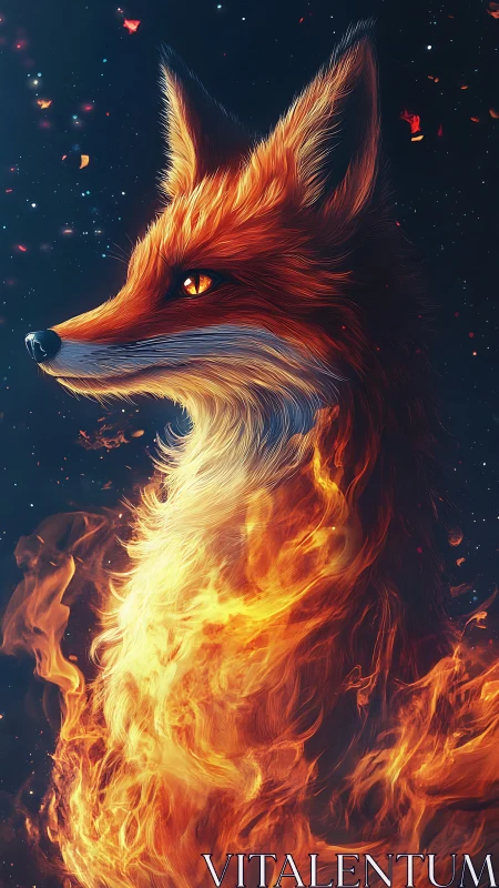 Volumetric fire-fox portrait with luminous particle field integration.