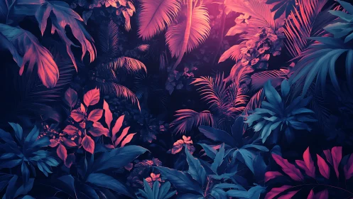 Neon bioluminescent jungle canopy rendered in cinematic gradients