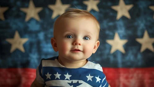 Patriotic Infant Portrait with American Flag Backdrop.