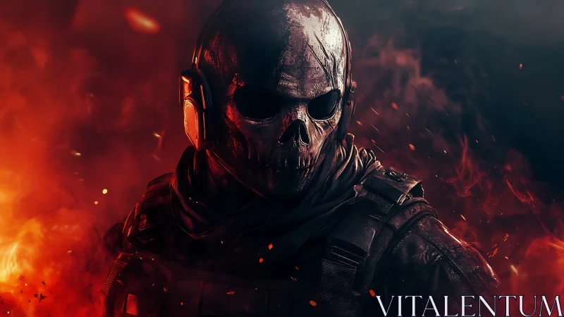Armored skull-masked operative emerges amid cinematic firestorm