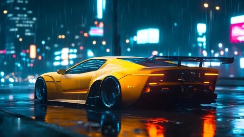 Neon-soaked hypercar rendered in cinematic rainy streetscape.