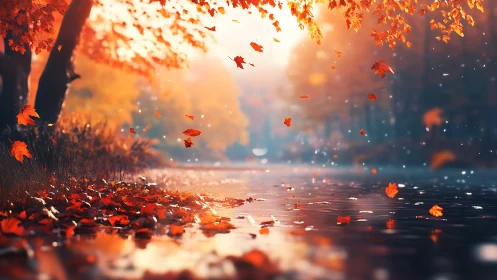 Fallen and airborne autumn leaves move across calm water