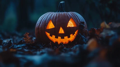 Glowing jack-o’-lantern in moody forest floor twilight.