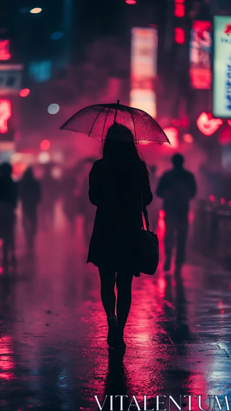Neon city rain softens a lone evening walk with quiet light