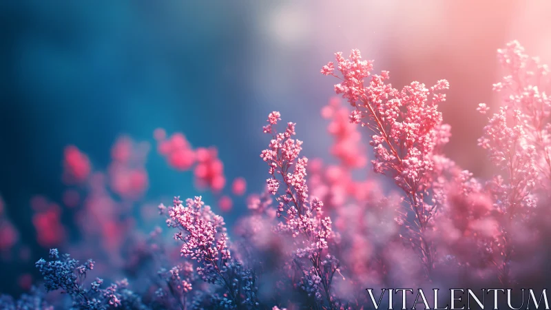 Pink Floral Stems Bloom Against Blue Gradient Background