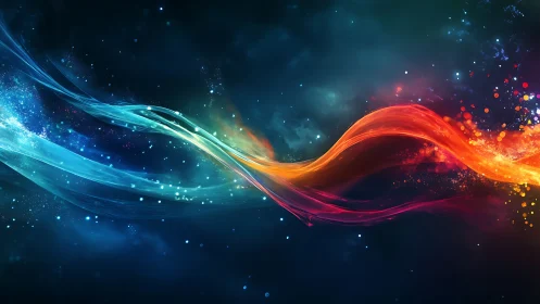 Colorful light wave streams cross over a dark cosmic field