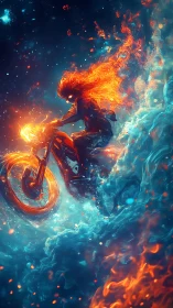 Fiery motorcycle rider racing through swirling cosmic waves.
