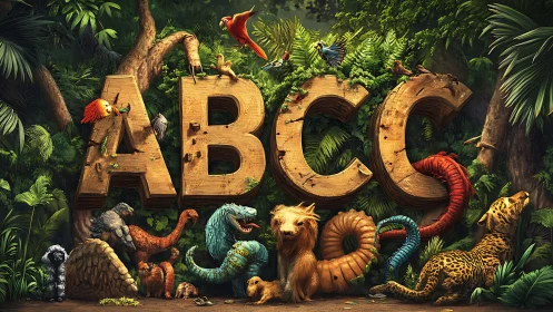 Wooden ABC letters with diverse jungle animals in foliage.