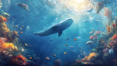 Gentle whale glides through a glowing coral reef paradise