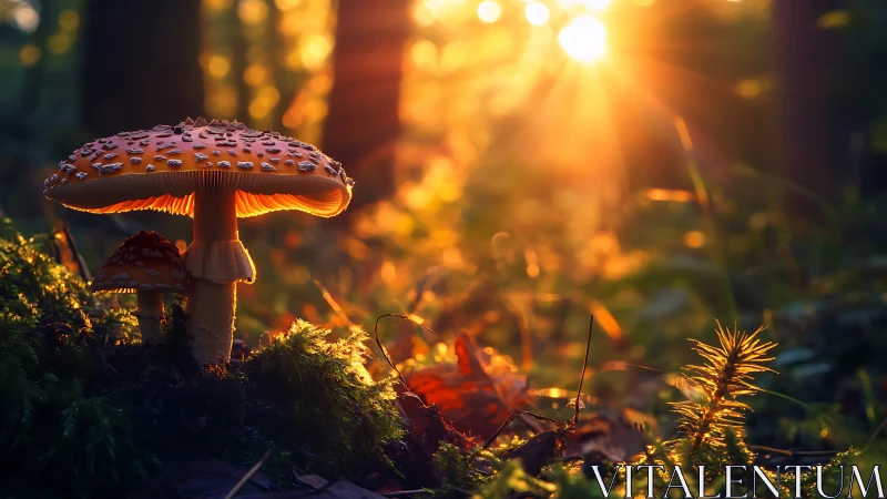 Sunlit forest mushrooms glow in warm golden evening light