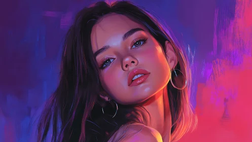 Neon-lit digital portrait emphasizes glossy skin shading and rim light