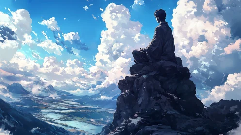 Solitary figure seated on rocky peak under dense cloud field.