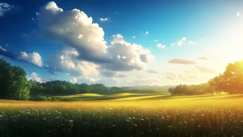 Sunlit meadow drifting toward a dreamy summer horizon.