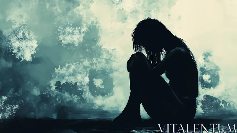 Silhouetted seated figure is positioned against abstract teal clouds