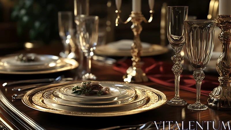 Formal table arrangement with ornate plates and glassware.