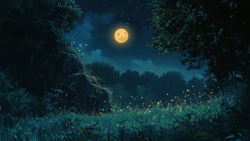 Moonlit clearing alive with fireflies under deep blue sky.