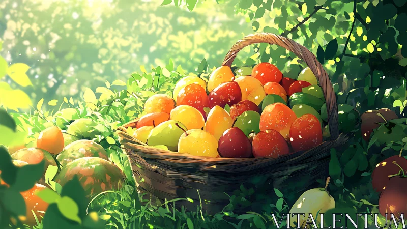 Sunlit wicker basket overflowing with vivid orchard fruit.