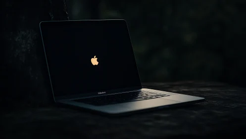 Sleek laptop with glowing logo in moody low light scene.