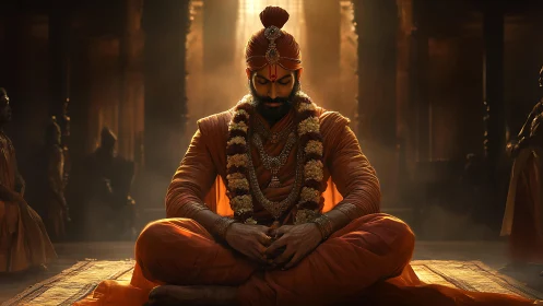 Meditating spiritual leader sits in golden temple light