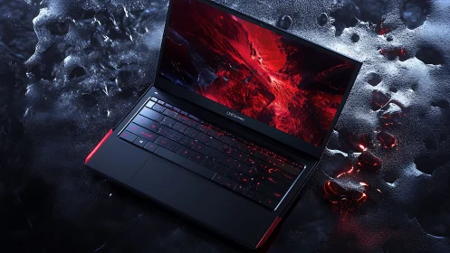Gaming laptop glows over wet metallic surface with red light