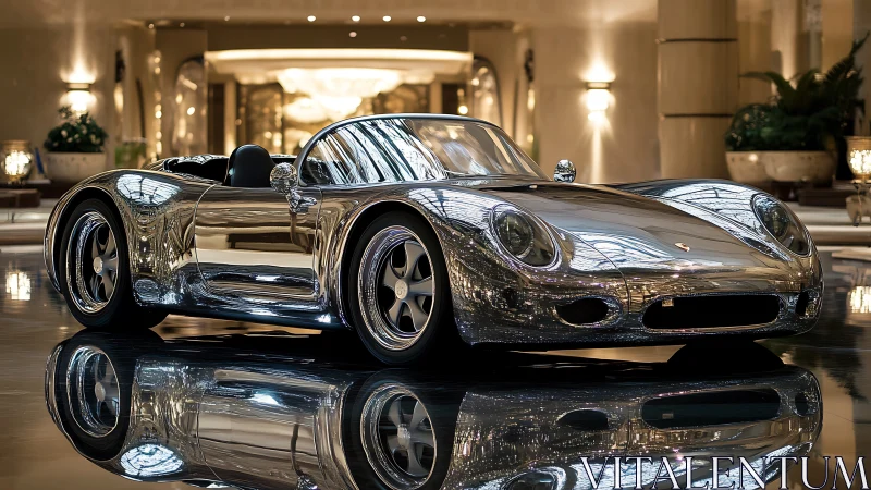 Gleaming chrome roadster resting in a grand mirrored lobby.