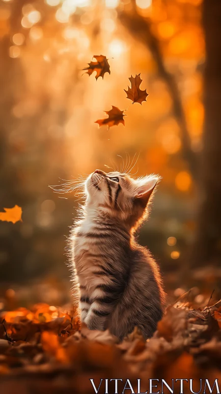 A Curious Kitten Catches Falling Autumn Leaves in Golden Light