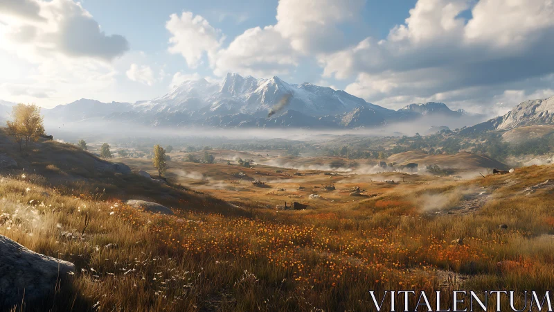 Sunlit alpine valley with misted peaks and autumn meadow.