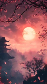 Crimson moon over misty pagoda and blooming sakura grove.