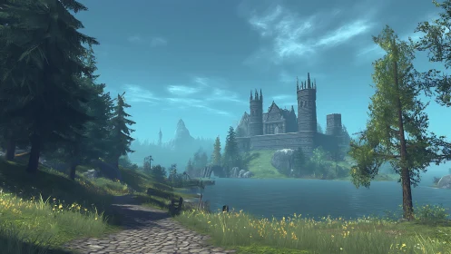 Fantasy Castle Overlooking Lake in Forest Landscape.