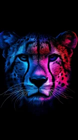 Neon Dichromatic Feline Portrait with Luminous Color Division.